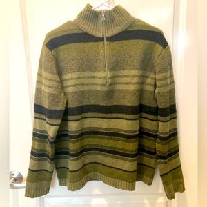 Banana Republic 100% lambswool black and green striped quarter zip sweater